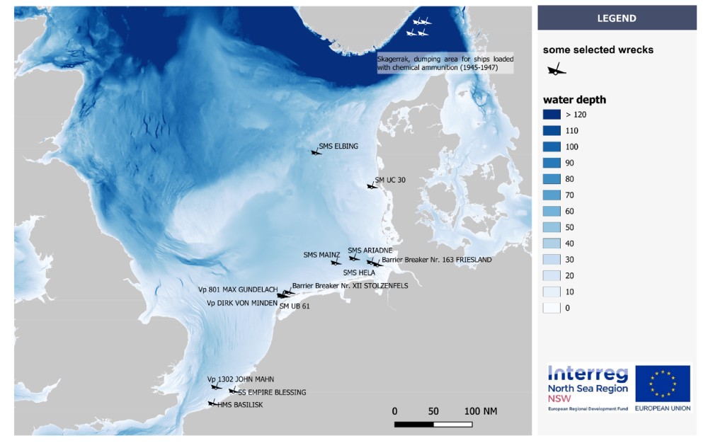Map showing the shipwrecks selected for research in the North Sea Wrecks project.