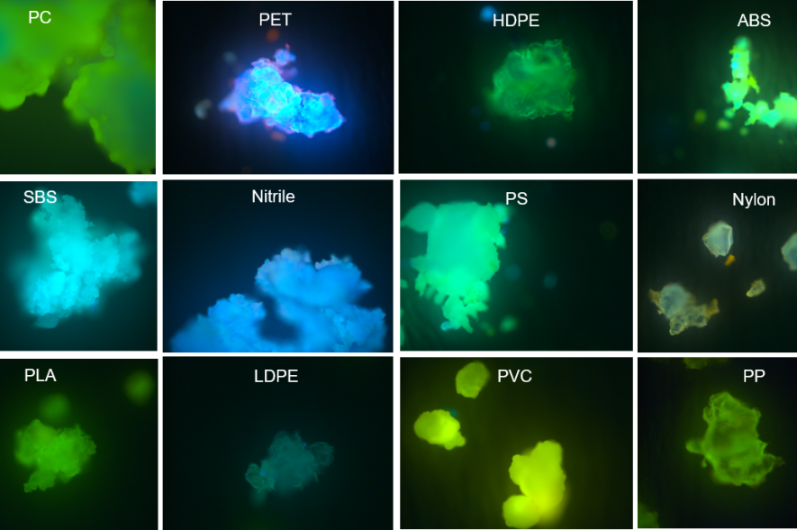 Een overzicht van verschillende microplasticspolymeren, gefotografeerd met een fluorescentiemicroscoop onder Uv-licht. Elke microplasticpolymeer licht anders op en heeft een eigen RGB-waarde.