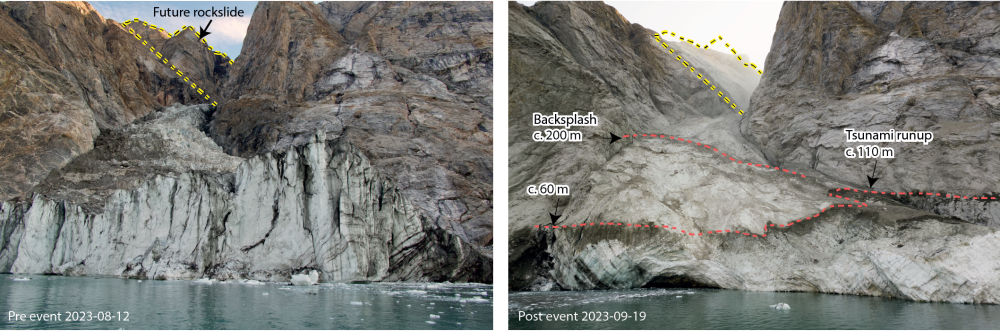 Mountain peak and glacier, taken from the fjord (before and after) | Søren Rysgaard, Danish Army 