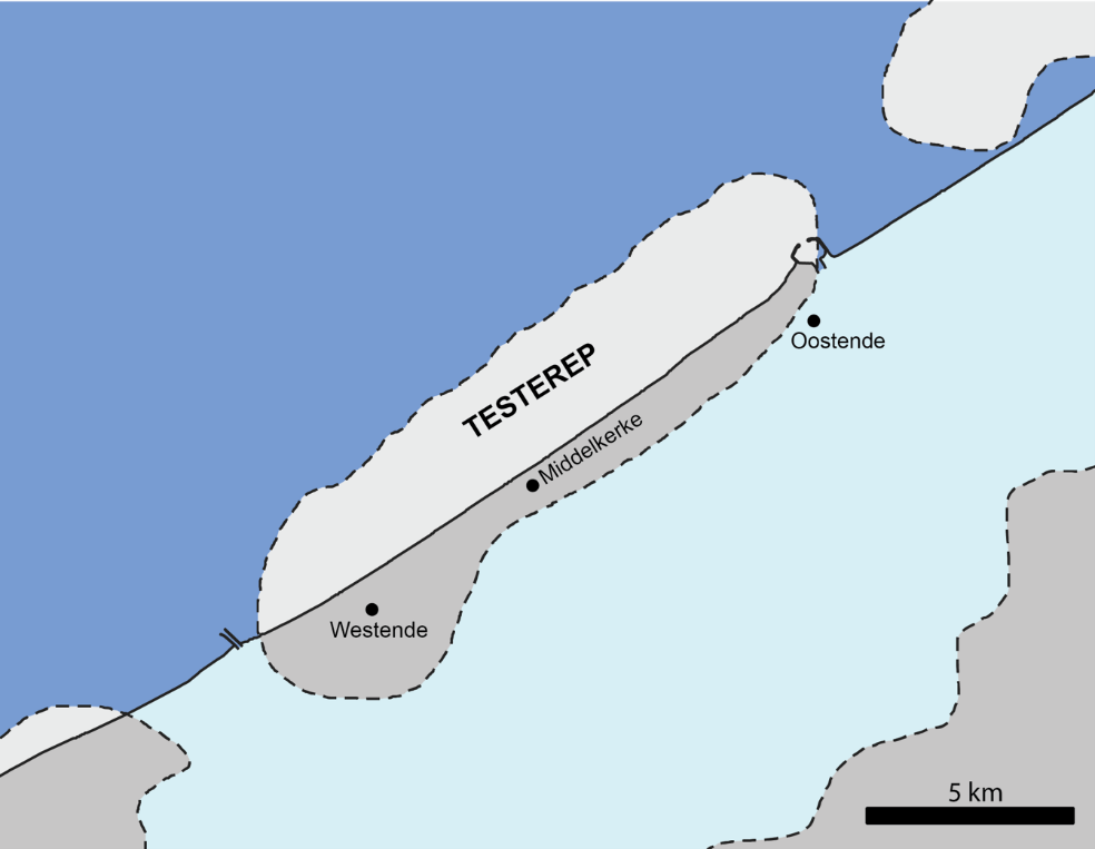 Reconstructiekaart van de vermoedelijke kustlijn van Testerep zo’n 6000 jaar geleden. De huidige kustlijn is als zwarte lijn aangegeven.