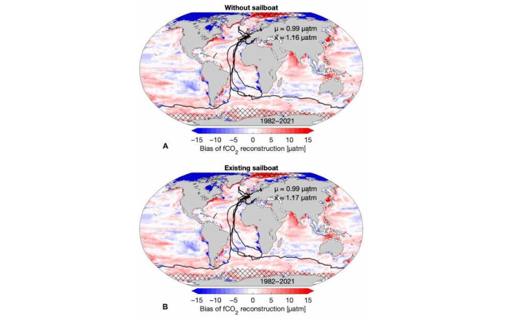 fCO2 zonder en met data van zeilboten
