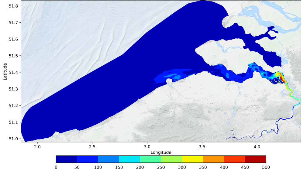 map met de hotspots van plastic in de Schelde en het Belgisch deel van de Noordzee