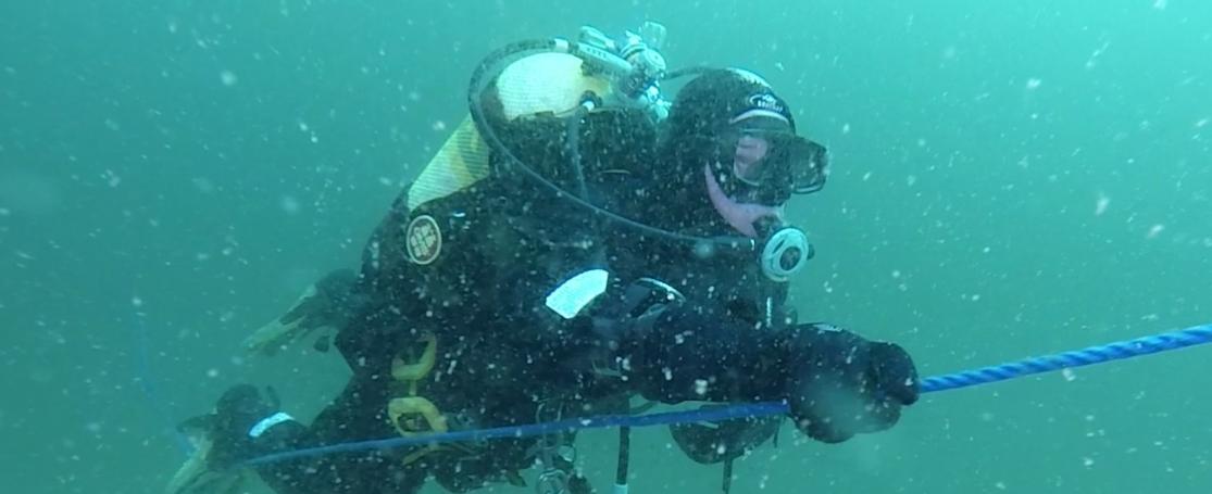 Een wetenschappelijk duiker van VLIZ aan het werk in de Noordzee