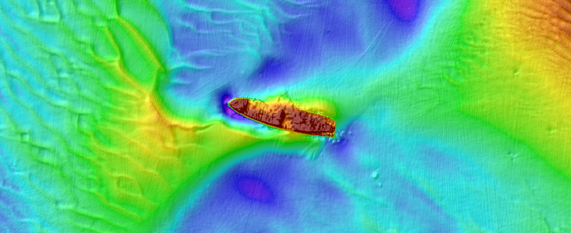 Een multibeam opname van het wrak van de John Mahn