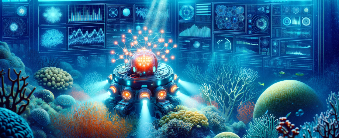 Een impressie van AI in zeeonderzoek gecreëerd door DALL-E, een kunstmatig intelligentieprogramma dat beelden creëert uit tekstuele beschrijvingen (DALL-E, OpenAI)