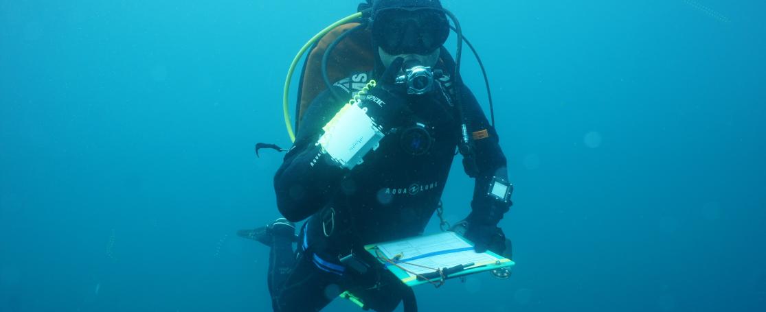 Wetenschappelijk duiker aan het werk op een onderwatererfgoedsite