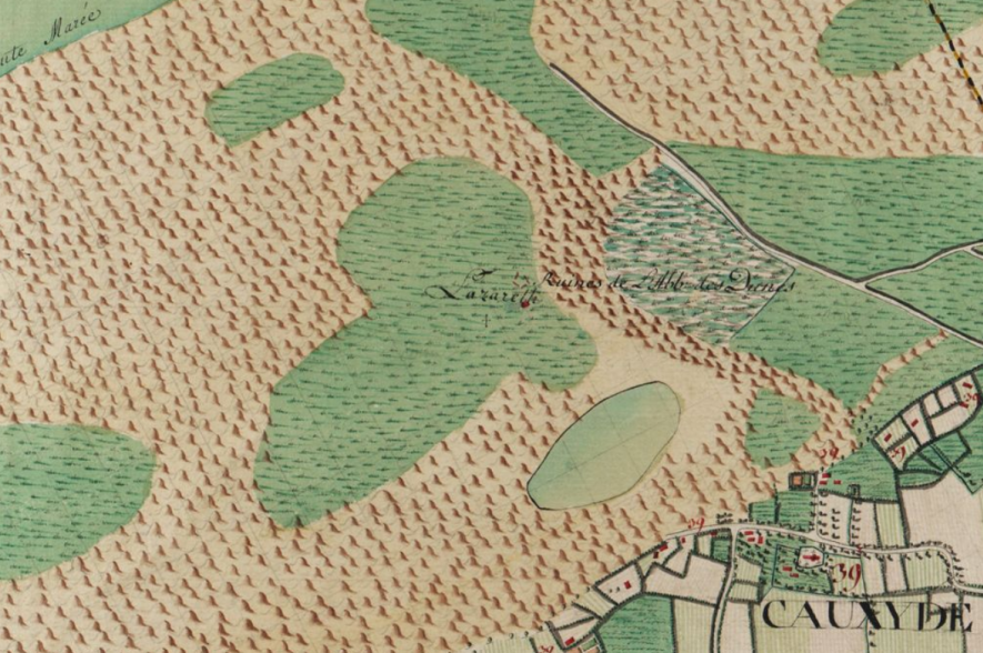 Het lazaret in de duinen van Koksijde, vlak naast de ruïnes van de Abdij Onze-Lieve-Vrouw Ten Duinen, ca. 1773.