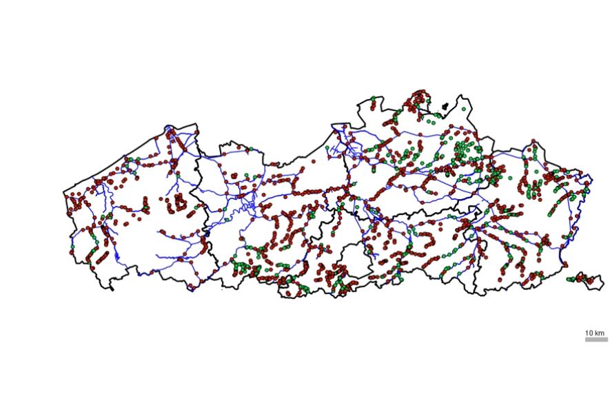 Kaart met vismigratieknelpunten in Vlaanderen.