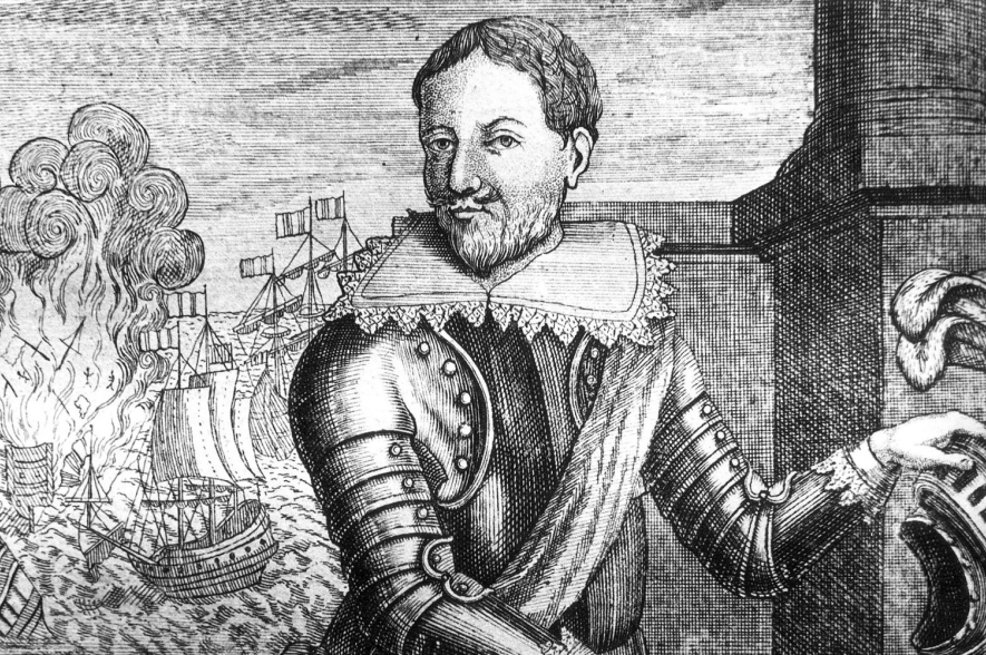 C. Eykens, Jan Jacobsen, capitaine de vaisseau de l'Armée navale de Flandre, 18de eeuw. In de achtergrond links beeldt Eykens het Jacobsen-incident af.