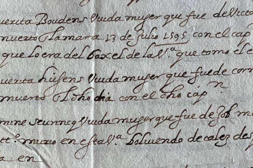 “Marguerita Boudens viuda mujer que fue de Victor de Vincq Piloto muerto en la mar” (“Marguerita Boudens, weduwe van Victor de Vincq, stuurman, gestorven op zee”), ca. 1600. 